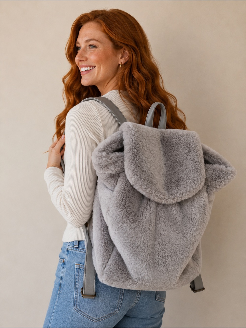 Plush Faux-Fur Backpack - Gray